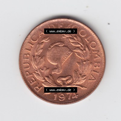 Kolumbien Umlaufmünzen 1974, 5 V Centavos. Hier befindet sich die Rückseite einer Umlaufmünze aus Kolumbien als Digitales Bild im online Katalog zum katalogisieren und kategorisieren... Sammlung