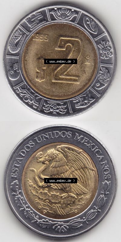 Münzen Mexiko / Mexico 1996-heute, 2 Pesos 1999. Hier befindet sich die einer Umlaufmünze aus Mexiko / Mexico als vertikales... Sammlung