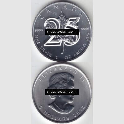 Kanada / Canada Silbermünze 2013, 5 Dollar 25 Jahre Silber Maple Leaf 9999er Silber weltweit berühmte Anlagemünze. Hier befindet sich die Vorderseite und Rückseite... Sammlung