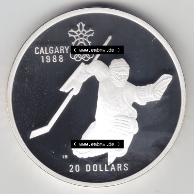 Kanada / Canada Silbermünze 1986, 20 Dollar Olympiade Calgary 1988, Eishockey. Hier befindet sich die Vorderseite einer 20 Dollar... Sammlung