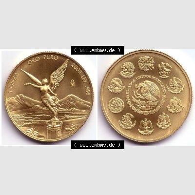 Münzen Mexiko / Mexico 1982-heute, 1 Onza - Unze Libertad Goldmünze 2005. Hier befindet sich eine Goldmünze aus Mexiko / Mexico als horizontales Bild der Vorderseite... Sammlung