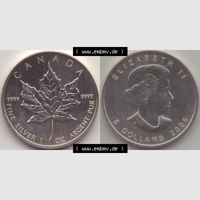 Kanada / Canada Silbermünze 2006, 5 Dollar Maple Leaf 9999er Silber weltweit berühmte Anlagemünze. Hier befindet sich die Vorderseite und Rückseite einer 5 Dollar Silbermünze... Sammlung
