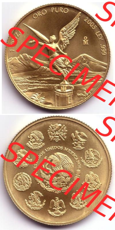 Münzen Mexiko / Mexico 1982-heute, 1 Onza - Unze Libertad Goldmünze 2005. Hier befindet sich eine Goldmünze aus Mexiko / Mexico als vertikales untereinander angefügtes... Sammlung