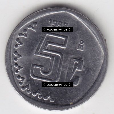 Münzen Mexiko / Mexico 1992-2002, 5 Centavos 1998. Hier befindet sich die Vorderseite einer Umlaufmünze aus Mexiko / Mexico als Digitales Bild im online Katalog zum katalogisieren... Sammlung