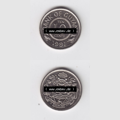 Münzen Guyana 1991, 10 Ten Cents. Hier befindet sich die Vorderseite und Rückseite einer Umlaufmünze aus Guyana als Digitales Bild in vertikaler Ausrichtung untereinander im... Sammlung