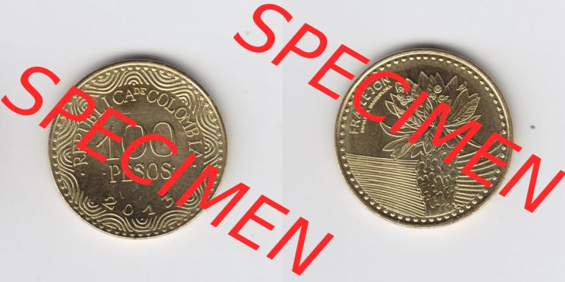 Kolumbien Umlaufmünzen 2013, 100 Pesos. Hier befindet sich die Vorderseite und Rückseite einer Umlaufmünze aus Kolumbien als Digitales Bild in horizontaler Ausrichtung im online... Sammlung