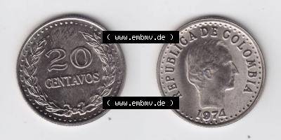 Kolumbien Umlaufmünzen 1974, 20 Centavos. Hier befindet sich die Vorderseite und Rückseite einer Umlaufmünze aus Kolumbien... Sammlung