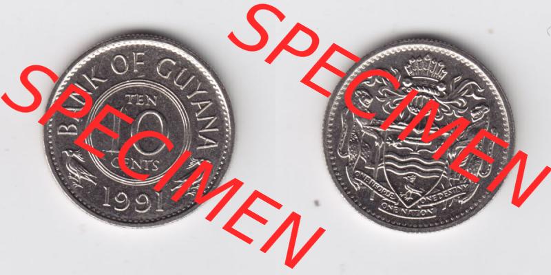 Münzen Guyana 1991, 10 Ten Cents. Hier befindet sich die Vorderseite und Rückseite einer Umlaufmünze aus Guyana als Digitales Bild in horizontaler Ausrichtung im online Katalog... Sammlung