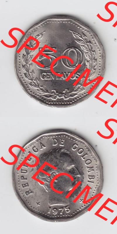 Kolumbien Umlaufmünzen 1975, 50 Centavos. Hier befindet sich die Vorderseite und Rückseite einer Umlaufmünze aus Kolumbien als Digitales Bild in vertikaler Ausrichtung untereinander... Sammlung