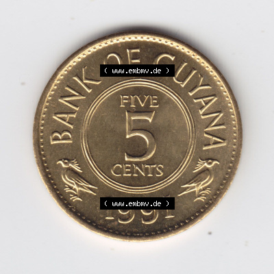 Münzen Guyana 1991, 5 Five Cents. Hier befindet sich die Vorderseite einer Umlaufmünze aus Guyana als Digitales Bild im online... Sammlung