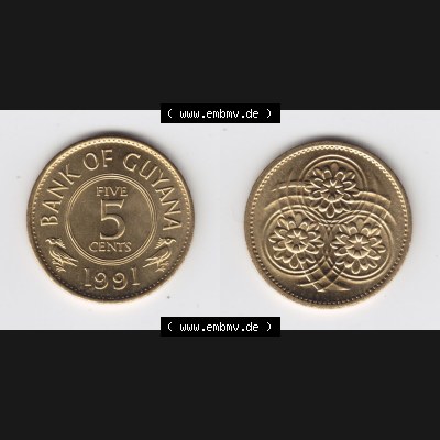 Münzen Guyana 1991, 5 Five Cents. Hier befindet sich die Vorderseite und Rückseite einer Umlaufmünze aus Guyana als Digitales Bild in horizontaler Ausrichtung im online Katalog... Sammlung