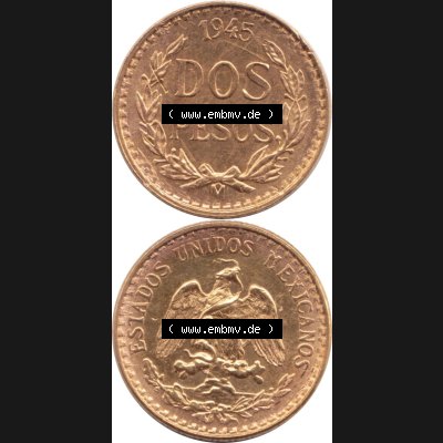 Münzen Mexiko / Mexico 1919-1948, Dos Pesos, 2 Pesos Goldmünze 1945. Hier befindet sich eine Goldmünze aus Mexiko / Mexico als vertikales untereinander angefügtes... Sammlung