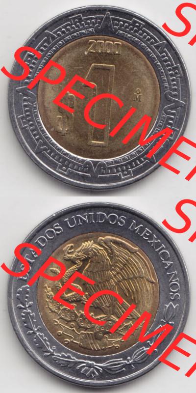 Münzen Mexiko / Mexico 1996-heute, 1 Peso 2000. Hier befindet sich die einer Umlaufmünze aus Mexiko / Mexico als vertikales untereinander angefügtes Bild der Vorderseite... Sammlung