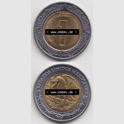 Münzen Mexiko / Mexico 1996-heute, 1 Peso 2000. Hier befindet sich die einer Umlaufmünze aus Mexiko / Mexico als vertikales untereinander angefügtes Bild der Vorderseite... Sammlung