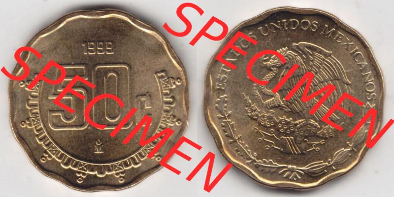 Münzen Mexiko / Mexico 1992-2009, 50 Centavos 1999. Hier befindet sich die einer Umlaufmünze aus Mexiko / Mexico als horizontales Bild der Vorderseite und Rückseite... Sammlung