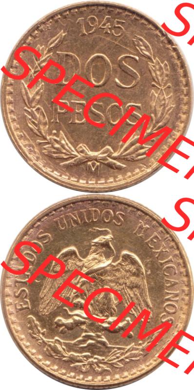 Münzen Mexiko / Mexico 1919-1948, Dos Pesos, 2 Pesos Goldmünze 1945. Hier befindet sich eine Goldmünze aus Mexiko / Mexico als vertikales untereinander angefügtes... Sammlung