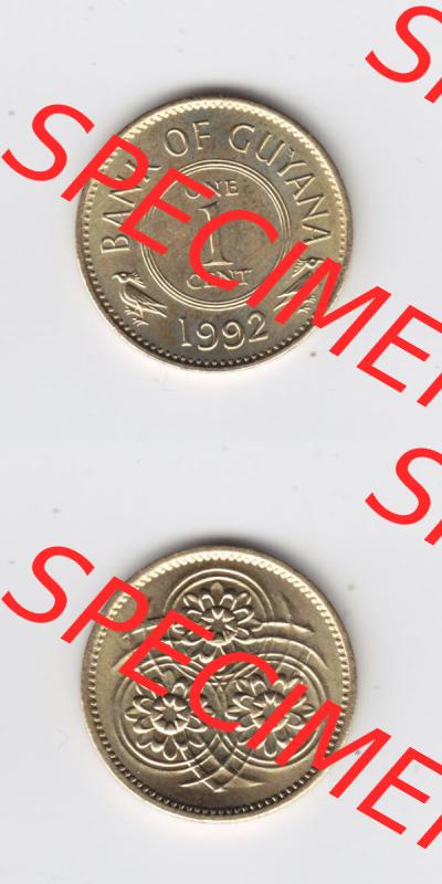 Münzen Guyana 1992, 1 One Cent. Hier befindet sich die Vorderseite und Rückseite einer Umlaufmünze aus Guyana als Digitales Bild in vertikaler Ausrichtung untereinander im online... Sammlung