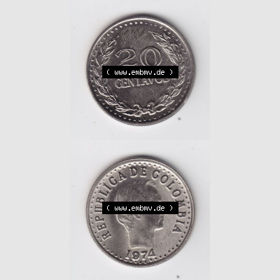 Kolumbien Umlaufmünzen 1974, 20 Centavos. Hier befindet sich die Vorderseite und Rückseite einer Umlaufmünze aus Kolumbien als Digitales Bild in vertikaler Ausrichtung untereinander... Sammlung