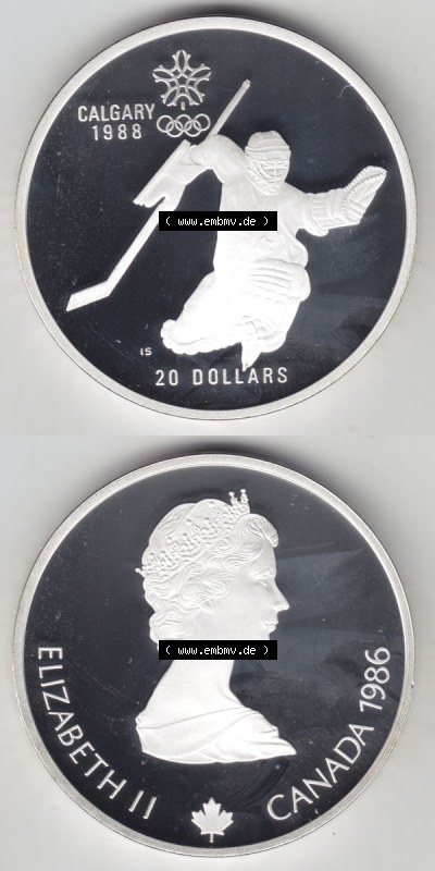 Kanada / Canada Silbermünze 1986, 20 Dollar Olympiade Calgary 1988, Eishockey. Hier befindet sich die Vorderseite und Rückseite... Sammlung