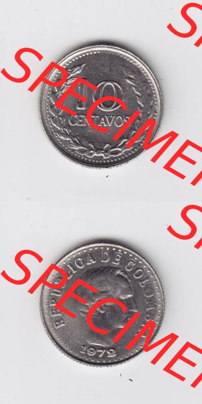 Kolumbien Umlaufmünzen 1972, 10 Centavos. Hier befindet sich die Vorderseite und Rückseite einer Umlaufmünze aus Kolumbien als Digitales Bild in vertikaler Ausrichtung untereinander... Sammlung