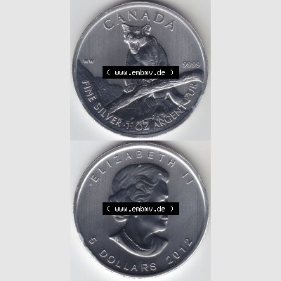 Kanada / Canada Silbermünze 2012-2012, 5 Dollars Puma Wildlife. Hier befindet sich die Vorderseite und Rückseite einer Silbermünze der kanadischen Wildlife-Serie aus Kanada... Sammlung