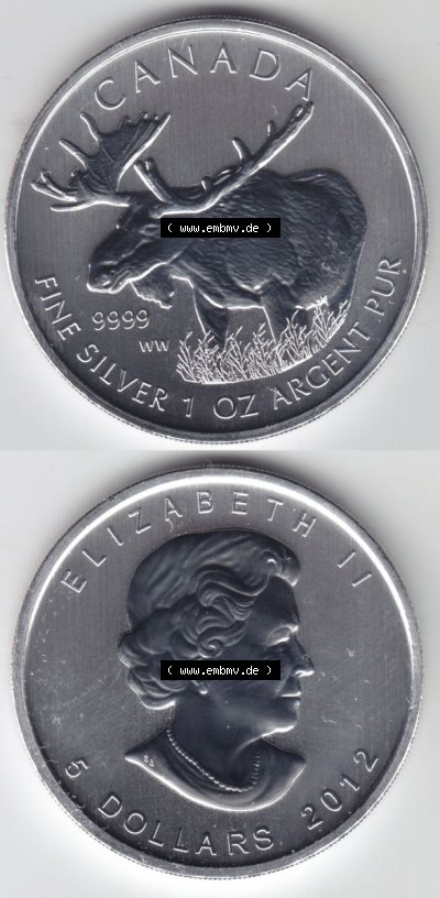 Kanada / Canada Silbermünze 2012-2012, 5 Dollars Wildlife Elch. Hier befindet sich die Vorderseite und Rückseite einer Silbermünze... Sammlung