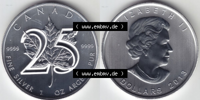 Kanada / Canada Silbermünze 2013, 5 Dollar 25 Jahre Silber Maple Leaf 9999er Silber weltweit berühmte Anlagemünze. Hier befindet... Sammlung