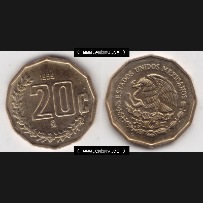 Münzen Mexiko / Mexico 1992-2009, 20 Centavos 1999. Hier befindet sich die einer Umlaufmünze aus Mexiko / Mexico als horizontales Bild der Vorderseite und Rückseite... Sammlung