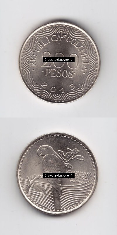 Kolumbien Umlaufmünzen 2013, 200 Pesos. Hier befindet sich die Vorderseite und Rückseite einer Umlaufmünze aus Kolumbien als... Sammlung