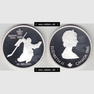 Kanada / Canada Silbermünze 1986, 20 Dollar Olympiade Calgary 1988, Eishockey. Hier befindet sich die Vorderseite und Rückseite einer 20 Dollar Silbermünze aus Kanada... Sammlung