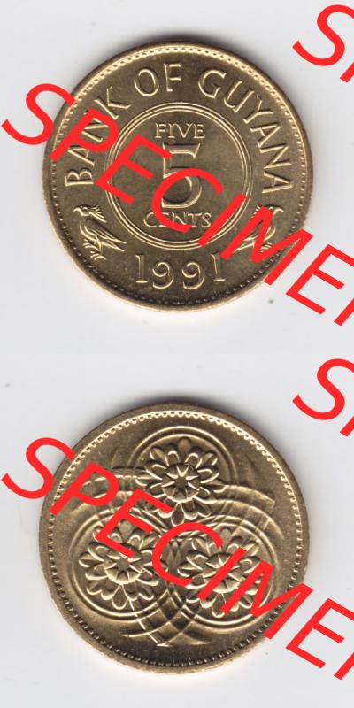 Münzen Guyana 1991, 5 Five Cents. Hier befindet sich die Vorderseite und Rückseite einer Umlaufmünze aus Guyana als Digitales Bild in vertikaler Ausrichtung untereinander im... Sammlung