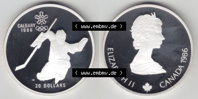 Kanada / Canada Silbermünze 1986, 20 Dollar Olympiade Calgary 1988, Eishockey. Hier befindet sich die Vorderseite und Rückseite... Sammlung