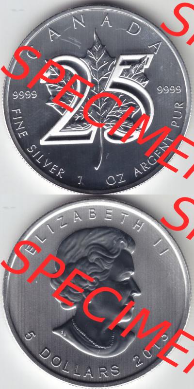 Kanada / Canada Silbermünze 2013, 5 Dollar 25 Jahre Silber Maple Leaf 9999er Silber weltweit berühmte Anlagemünze. Hier befindet sich die Vorderseite und Rückseite... Sammlung