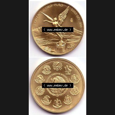 Münzen Mexiko / Mexico 1982-heute, 1 Onza - Unze Libertad Goldmünze 2005. Hier befindet sich eine Goldmünze aus Mexiko / Mexico als vertikales untereinander angefügtes... Sammlung