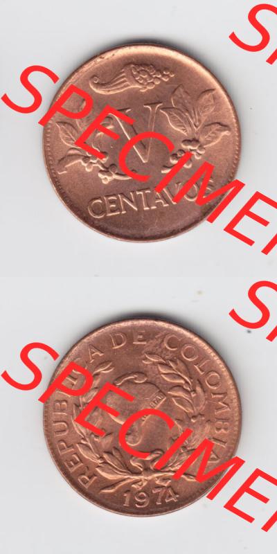 Kolumbien Umlaufmünzen 1974, 5 V Centavos. Hier befindet sich die Vorderseite und Rückseite einer Umlaufmünze aus Kolumbien als Digitales Bild in vertikaler Ausrichtung untereinander... Sammlung