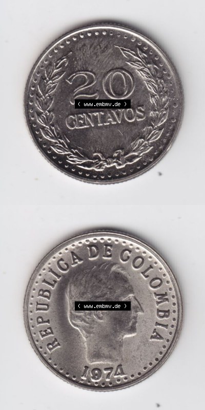 Kolumbien Umlaufmünzen 1974, 20 Centavos. Hier befindet sich die Vorderseite und Rückseite einer Umlaufmünze aus Kolumbien... Sammlung