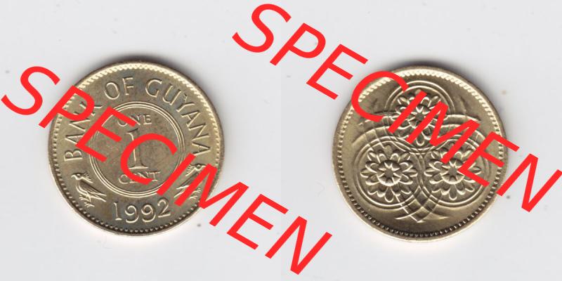 Münzen Guyana 1992, 1 One Cent. Hier befindet sich die Vorderseite und Rückseite einer Umlaufmünze aus Guyana als Digitales Bild in horizontaler Ausrichtung im online Katalog... Sammlung