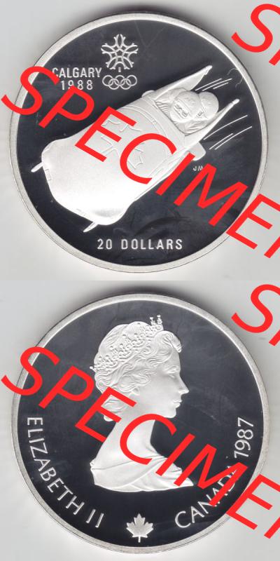 Kanada / Canada Silbermünze 1987, 20 Dollar Olympiade Calgary 1988, Bobsport. Hier befindet sich die Vorderseite und Rückseite einer 20 Dollar Silbermünze der aus... Sammlung