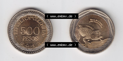 Kolumbien Umlaufmünzen 2012, 500 Pesos. Hier befindet sich die Vorderseite und Rückseite einer Umlaufmünze aus Kolumbien als... Sammlung