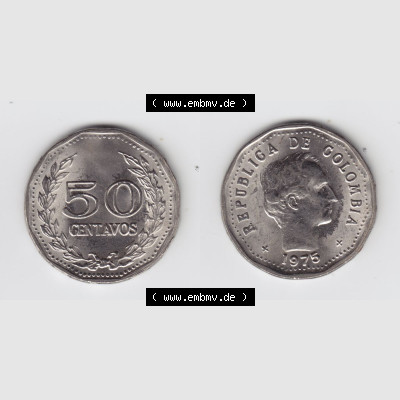 Kolumbien Umlaufmünzen 1975, 50 Centavos. Hier befindet sich die Vorderseite und Rückseite einer Umlaufmünze aus Kolumbien als Digitales Bild in horizontaler Ausrichtung im... Sammlung