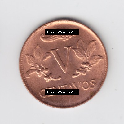 Kolumbien Umlaufmünzen 1974, 5 V Centavos. Hier befindet sich die Vorderseite einer Umlaufmünze aus Kolumbien als Digitales Bild im online Katalog zum katalogisieren und kategorisieren... Sammlung