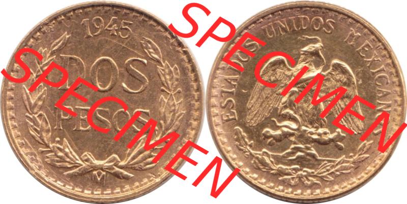 Münzen Mexiko / Mexico 1919-1948, Dos Pesos, 2 Pesos Goldmünze 1945. Hier befindet sich eine Goldmünze aus Mexiko / Mexico als horizontales Bild der Vorderseite... Sammlung