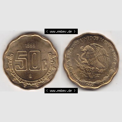 Münzen Mexiko / Mexico 1992-2009, 50 Centavos 1999. Hier befindet sich die einer Umlaufmünze aus Mexiko / Mexico als horizontales Bild der Vorderseite und Rückseite... Sammlung