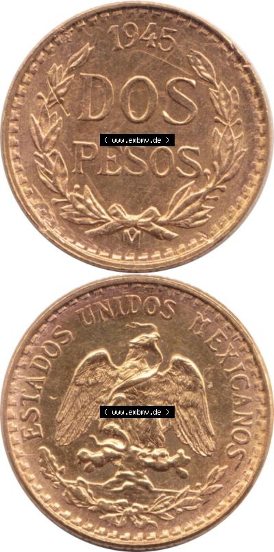 Münzen Mexiko / Mexico 1919-1948, Dos Pesos, 2 Pesos Goldmünze 1945. Hier befindet sich eine Goldmünze aus Mexiko / Mexico... Sammlung