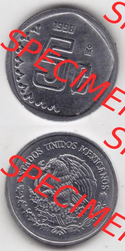 Münzen Mexiko / Mexico 1992-2002, 5 Centavos 1998. Hier befindet sich die einer Umlaufmünze aus Mexiko / Mexico als vertikales untereinander angefügtes Bild der Vorderseite... Sammlung