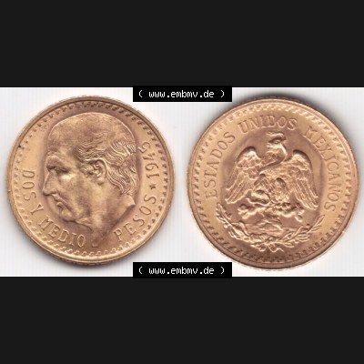 Münzen Mexiko / Mexico 1918-1948, Dos Y Medio Pesos Goldmünze 1945. Hier befindet sich eine Goldmünze aus Mexiko / Mexico als horizontales Bild der Vorderseite und Rückseite... Sammlung