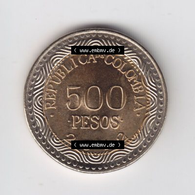 Kolumbien Umlaufmünzen 2012, 500 Pesos. Hier befindet sich die Vorderseite einer Umlaufmünze aus Kolumbien als Digitales Bild im online Katalog zum katalogisieren und kategorisieren... Sammlung