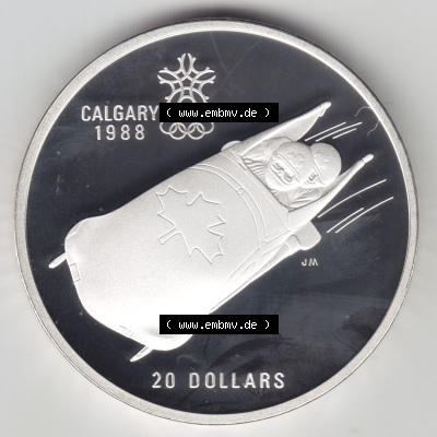 Kanada / Canada Silbermünze 1987, 20 Dollar Olympiade Calgary 1988, Bobsport. Hier befindet sich die Vorderseite einer 20 Dollar... Sammlung