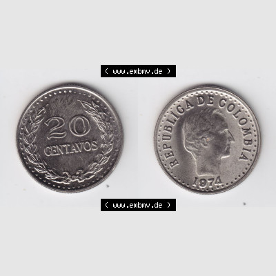 Kolumbien Umlaufmünzen 1974, 20 Centavos. Hier befindet sich die Vorderseite und Rückseite einer Umlaufmünze aus Kolumbien als Digitales Bild in horizontaler Ausrichtung im... Sammlung