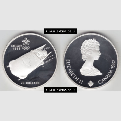 Kanada / Canada Silbermünze 1987, 20 Dollar Olympiade Calgary 1988, Bobsport. Hier befindet sich die Vorderseite und Rückseite einer 20 Dollar Silbermünze aus Kanada... Sammlung